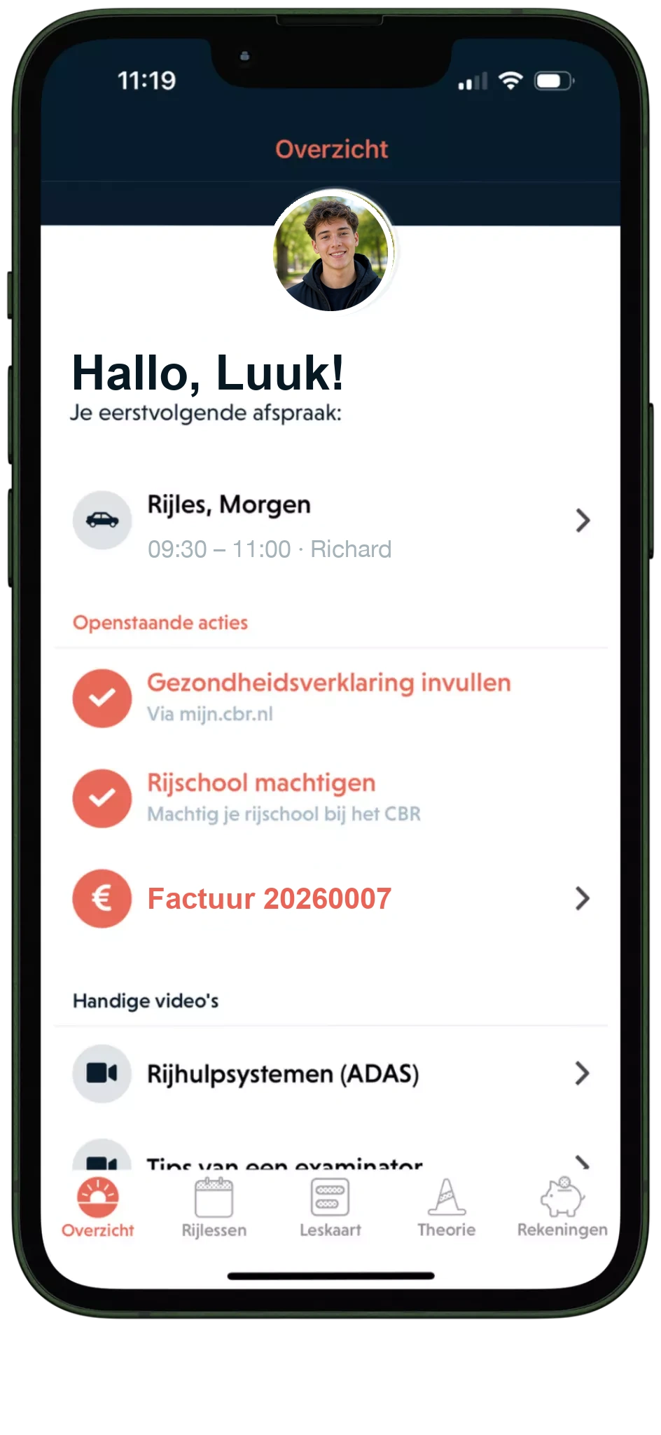 Voorbeeld van de rijschoolapp met planning en leskaart